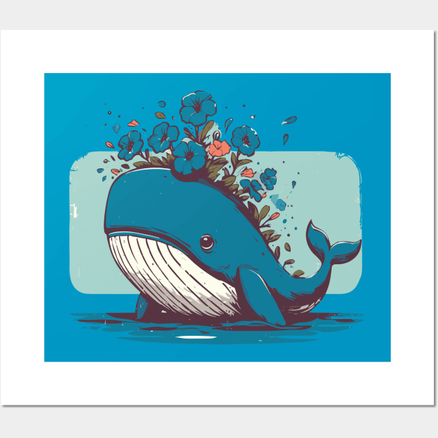 Kawaii Whale and petunias garden Wall Art by TomFrontierArt